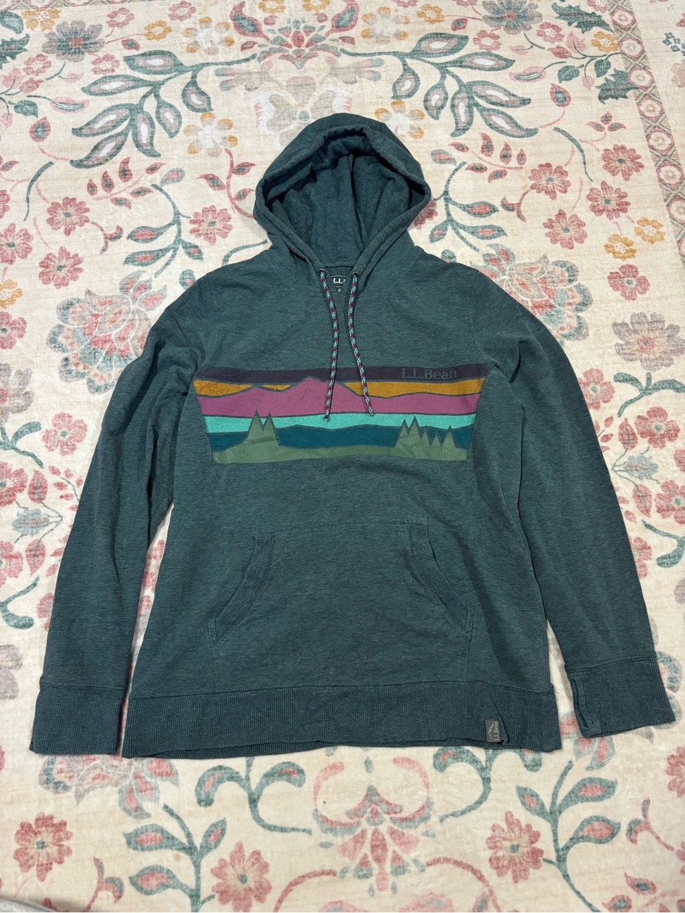 L.L. Bean Dark Teal Pullover Hoodie with Multicolor Mountain Stripe